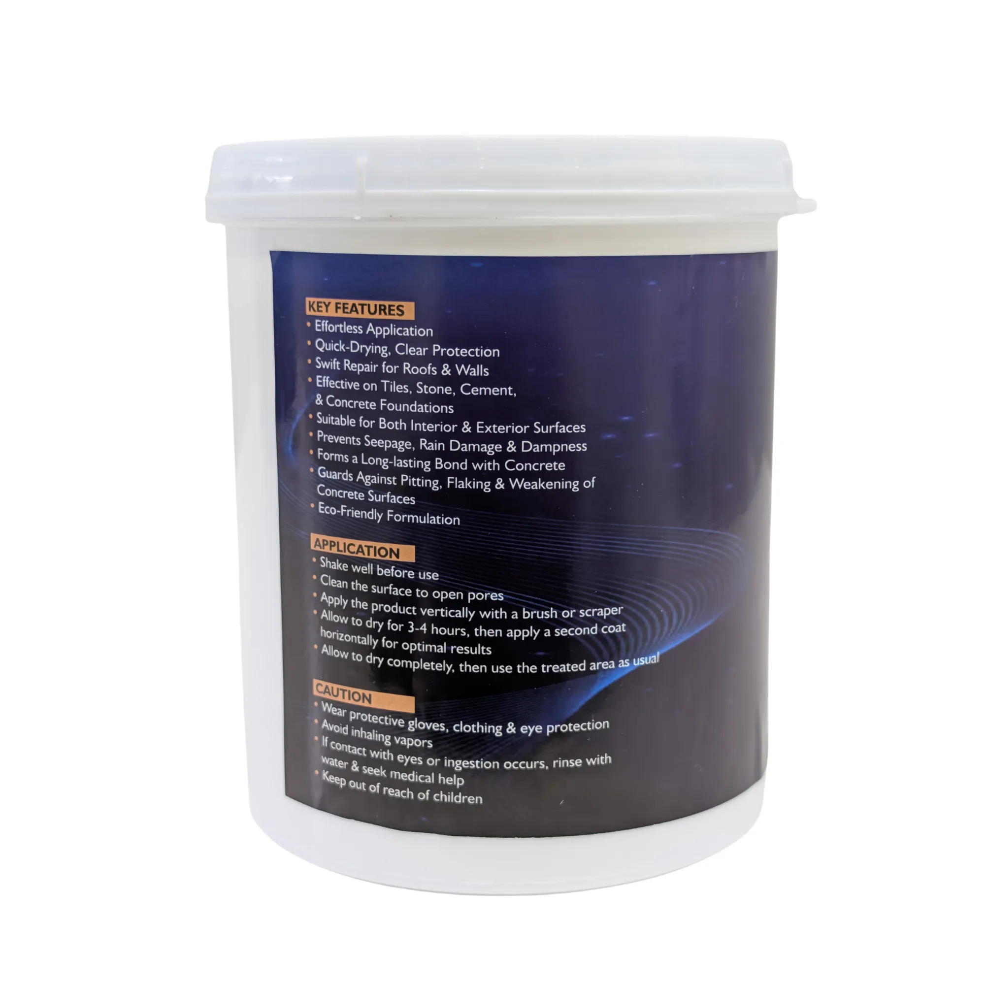 AquaPro 1K pack label listing key features, application steps and cautions