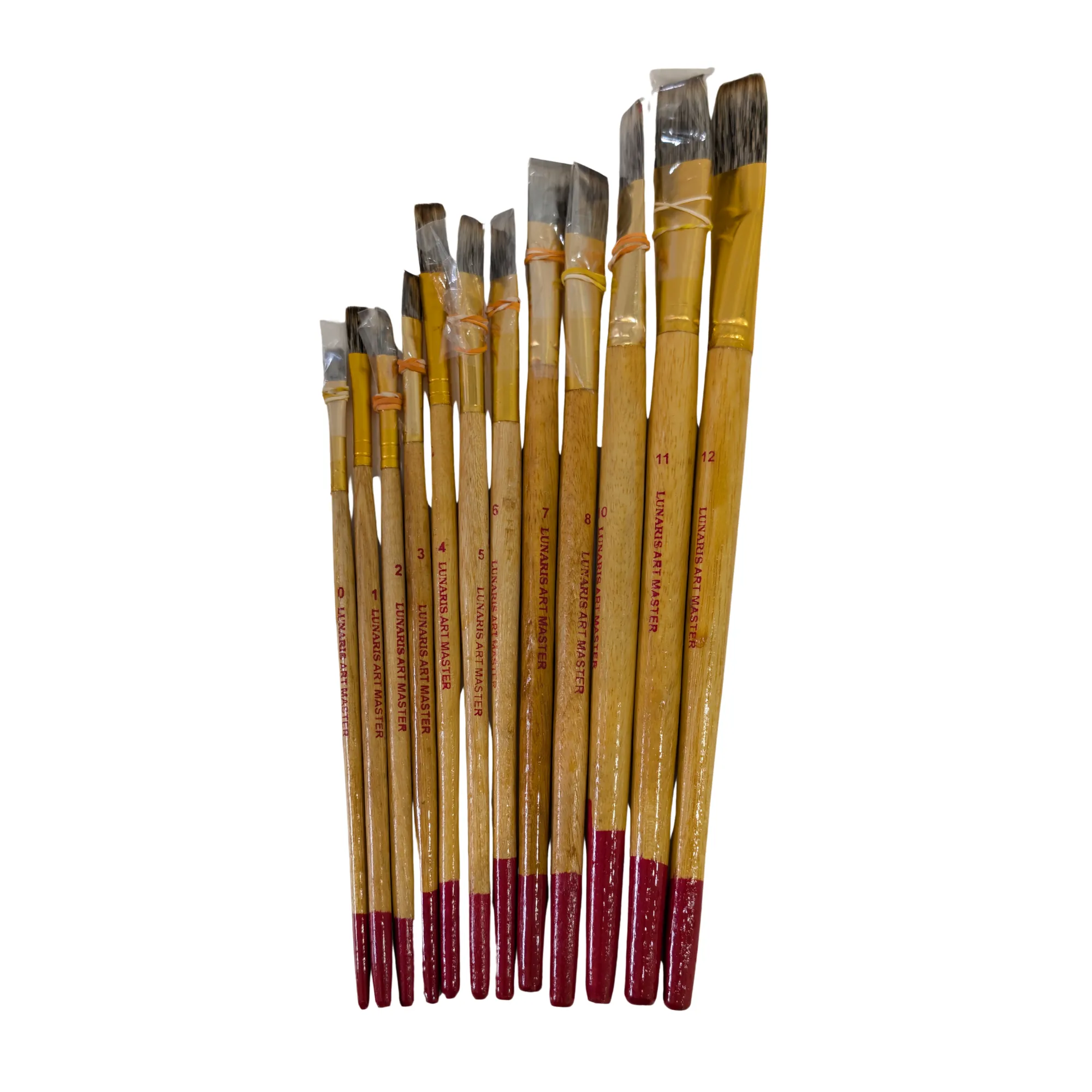 Lunaris Art Master flat art brushes in numbers 0 to 12, fanned to show each size