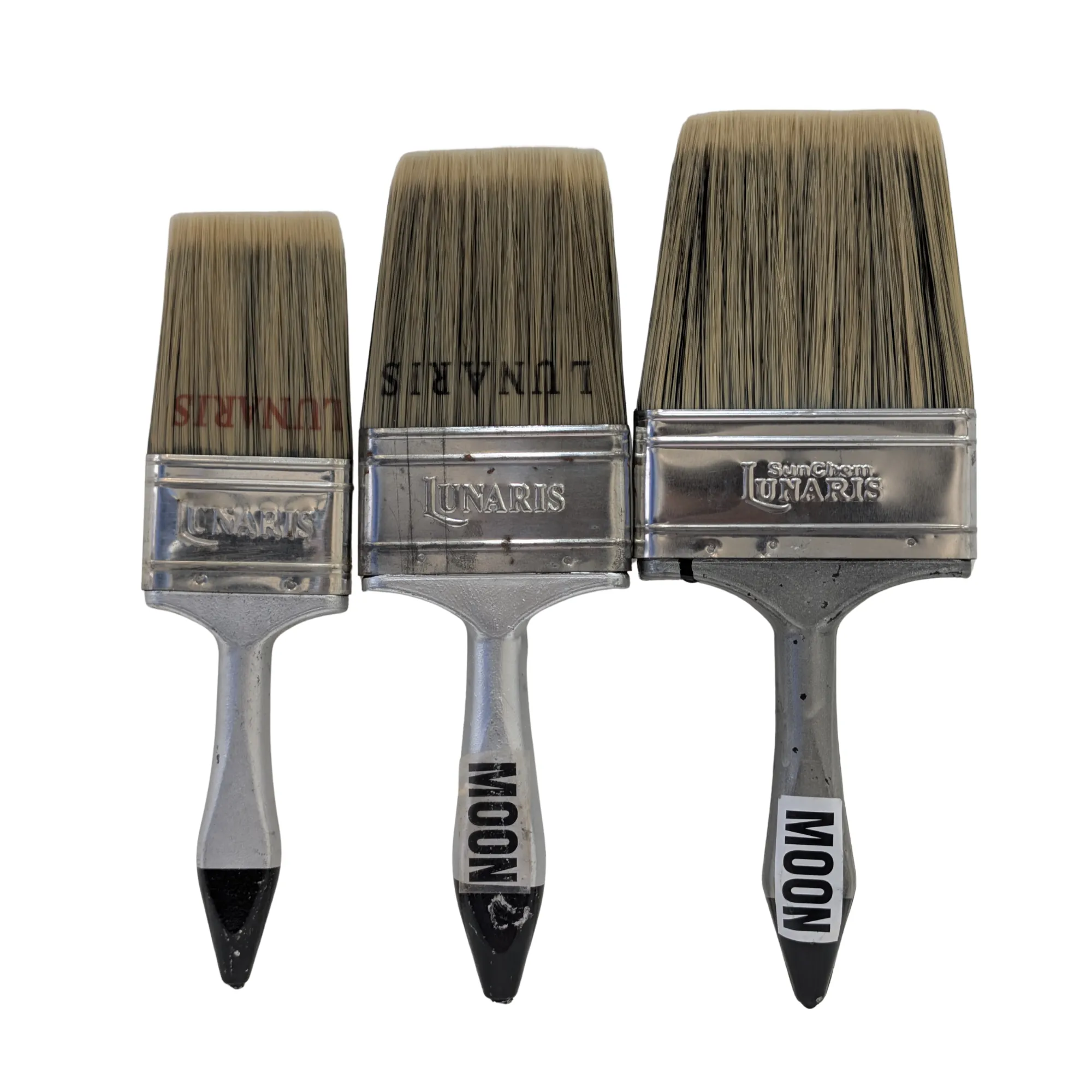 MOON paint brush bristle and stamped ferrule detail across three widths