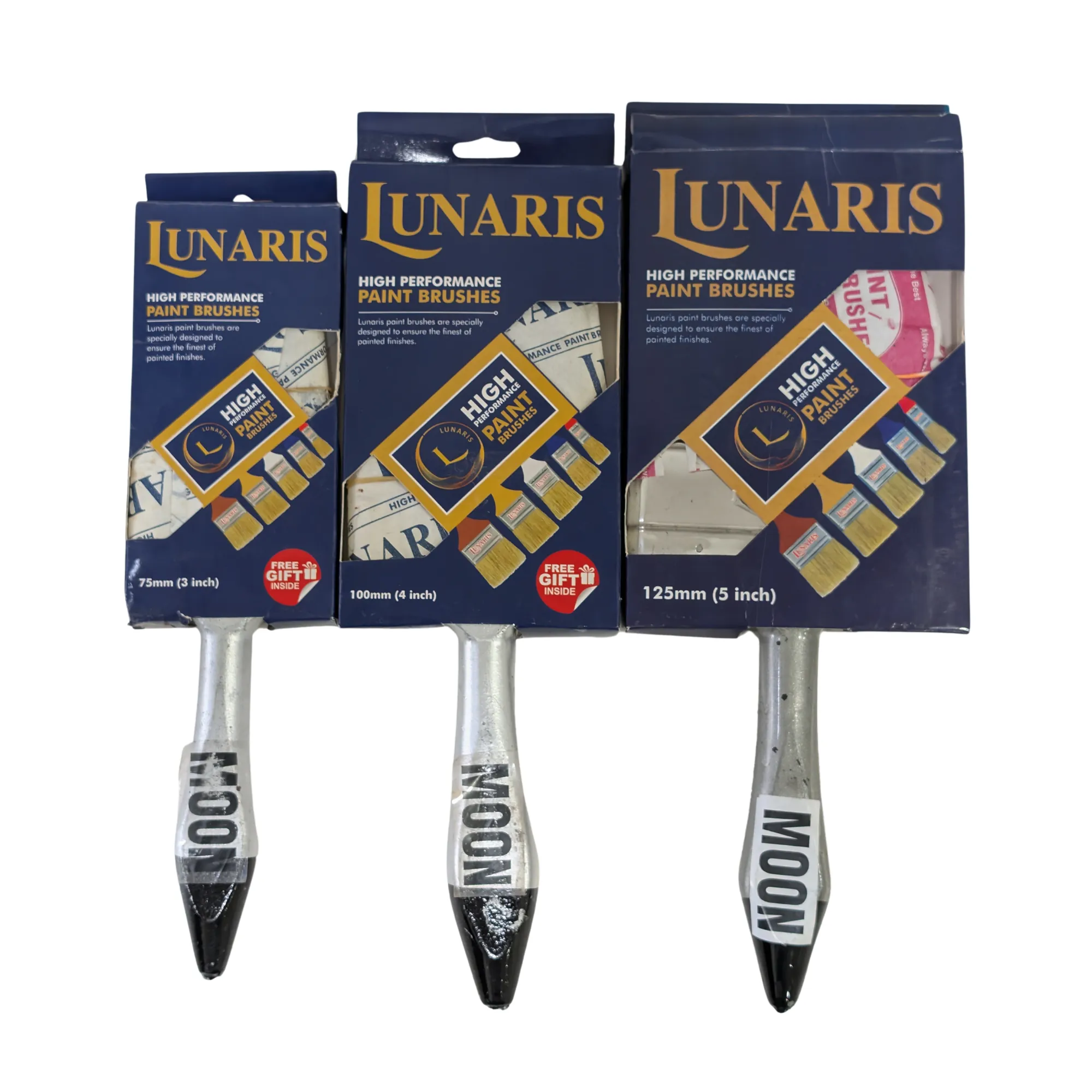 SunChem Lunaris MOON paint brush range in 75 mm, 100 mm and 125 mm retail boxes