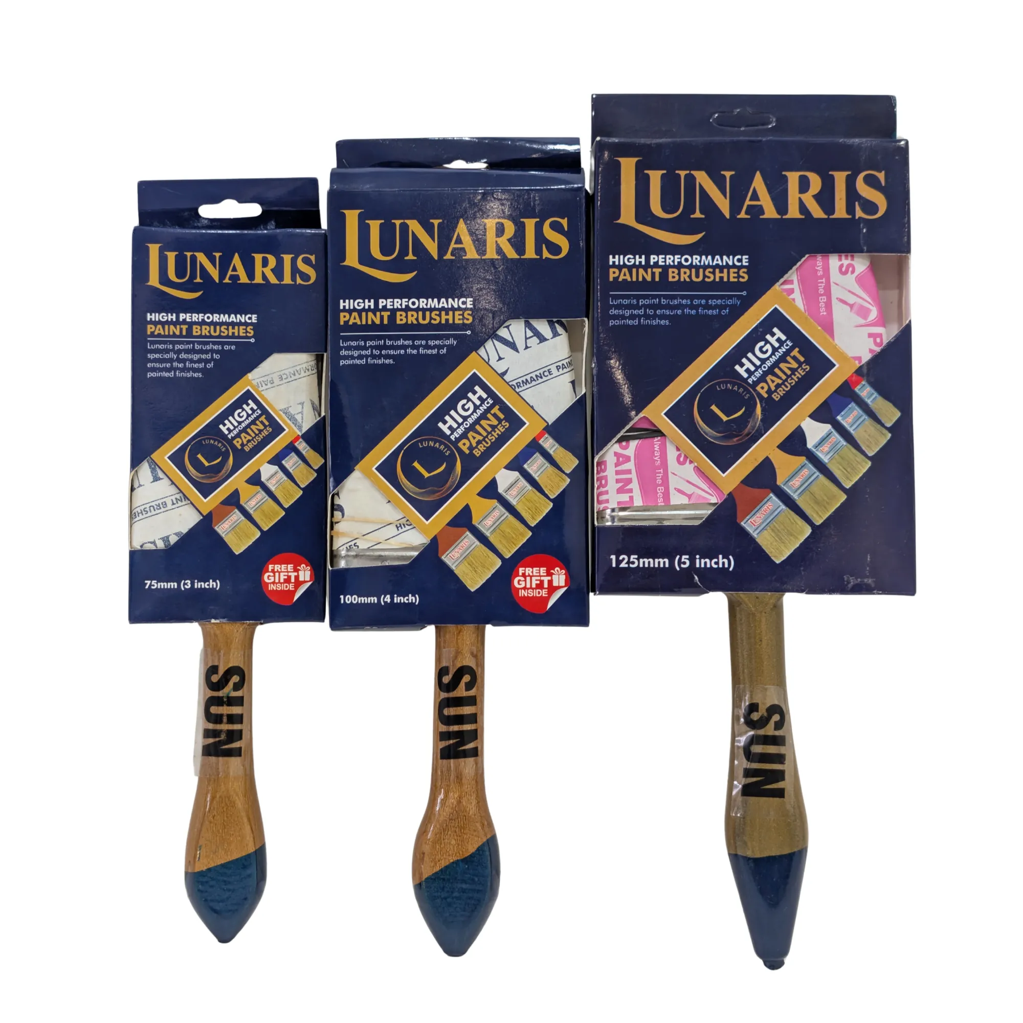 SunChem Lunaris SUN paint brush range in 75 mm, 100 mm and 125 mm retail boxes